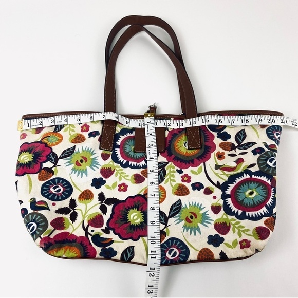 Lily Bloom Tote Shoulder Bag Large Cotton Canvas Floral Footed Vegan Leather - Picture 10 of 14